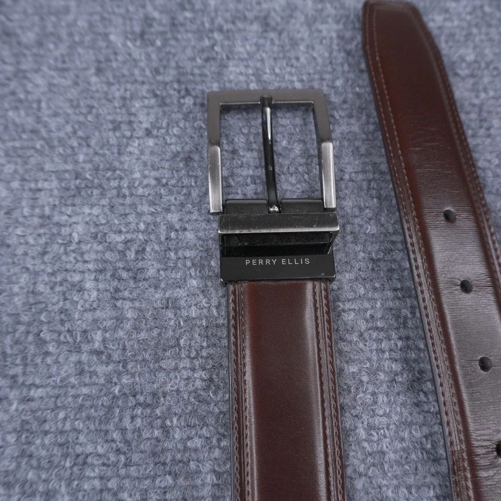 Perry Ellis Reversible‎ Belt Mens 36 Brown Black Bonded Leather Swivel Buckle